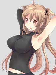Rule 34 | 1girl, ahoge, armpit peek, armpits, arms behind head, asymmetrical clothes, black bodysuit, black skirt, blush, bodysuit, breasts, covered erect nipples, grey background, hair flaps, hair ornament, hairclip, heterochromia, hirune (konekonelkk), impossible clothes, kantai collection, large breasts, light brown hair, long hair, looking at viewer, midriff peek, murasame (kancolle), open mouth, simple background, single sleeve, skirt, solo, upper body, very long hair
