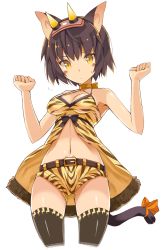 Rule 34 | 1girl, animal ears, animal print, babydoll, bare shoulders, belt, black hair, black thighhighs, blush stickers, breast hold, breasts, cat ears, cat girl, cat tail, clenched hands, hair ornament, highres, horns, navel, ohta yuichi, oni horns, original, pop-up story, ribbon, setsubun, short hair, short shorts, shorts, simple background, slit pupils, solo, suzuna isurugi, tail, tail ornament, tail ribbon, thighhighs, tiger print, tiger stripes, white background, yellow eyes