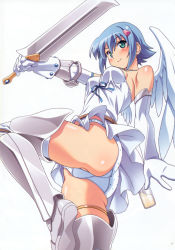 Rule 34 | 1girl, absurdres, angel, angel of light nanael, angel wings, aqua eyes, armor, ass, asymmetrical wings, bare shoulders, belt, belt skirt, blue hair, blush, body blush, boots, breasts, dress, elbow gloves, flipped hair, from below, from side, gem, gloves, greaves, green eyes, hair ornament, hairclip, highres, holding, jar, kuuchuu yousai, leg lift, looking at viewer, mini wings, miniskirt, nanael (queen&#039;s blade), nanael (queen's blade), official art, outstretched arm, page number, panties, pantyshot, polka dot, polka dot panties, queen&#039;s blade, ribbon, scan, short dress, short hair, sideboob, skirt, smile, solo, strap gap, sword, thigh boots, thighhighs, thighlet, underwear, upskirt, vambraces, weapon, white dress, white gloves, white panties, wind, wind lift, wings