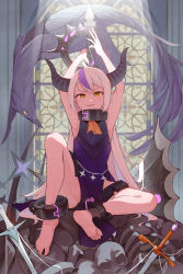 Rule 34 | 1girl, ankle cuffs, armpits, arms behind head, barefoot, bird, chinese commentary, commentary request, demon horns, feet, highres, holding, holding sword, holding weapon, hololive, horns, indoors, la+ darknesss, long hair, multicolored hair, open mouth, pile of skulls, pointy ears, purple hair, single horn, sitting, smile, soles, solo, stained glass, streaked hair, sword, tabard, toes, v-shaped eyebrows, very long hair, virtual youtuber, weapon, white hair, xiaoshi2996, yellow eyes