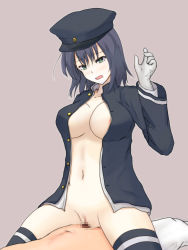 Rule 34 | 10s, 1girl, akitsu maru (kancolle), bad id, bad pixiv id, bai da, black hair, black thighhighs, bottomless, breasts, censored, cowgirl position, gloves, green eyes, hand up, hat, kantai collection, large breasts, mosaic censoring, open clothes, open shirt, peaked cap, pussy, sex, shirt, short hair, solo focus, straddling, thighhighs, vaginal, white gloves