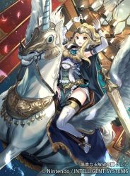 Rule 34 | 1girl, armor, arms up, blonde hair, breastplate, brown eyes, chandelier, clair (fire emblem), company name, dress, elbow gloves, feathers, fire emblem, fire emblem cipher, fire emblem echoes: shadows of valentia, gloves, helmet, intelligent systems, kawasumi (japonica), long hair, nintendo, official art, open mouth, pegasus, pegasus knight uniform (fire emblem), polearm, ponytail, riding, short dress, shoulder armor, solo, thighhighs, weapon, white gloves