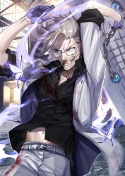 Rule 34 | 1boy, alternate costume, black gloves, black shirt, blood, blood stain, blue eyes, bug, butterfly, cigarette, evil grin, evil smile, facial hair, fate/grand order, fate (series), formal, glasses, gloves, grey hair, grin, highres, bug, james moriarty (archer) (fate), male focus, mustache, navel, shirt, smile, smoking, solo, suit, suzuki rui, white suit