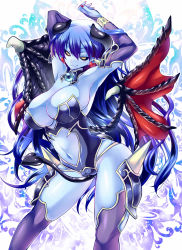 Rule 34 | 1girl, armpits, arms up, astaroth (shinrabanshou), bad id, bad pixiv id, black sclera, blue hair, blue skin, bracelet, breasts, bridal gauntlets, cameltoe, colored sclera, colored skin, demon girl, demon horns, demon tail, demon wings, earrings, heart, heart earrings, highres, horns, huge breasts, jewelry, long hair, looking at viewer, midriff, mike (nasimomoringo), nail polish, navel, pointy ears, purple thighhighs, revealing clothes, shinrabanshou, skindentation, smile, solo, tail, thighhighs, wings, yellow eyes