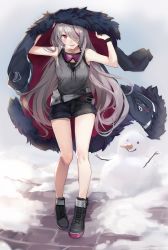 Rule 34 | 1girl, absurdres, arms up, bare legs, black coat, black footwear, black shorts, blush, boots, coat, unworn coat, commentary, full body, fur-trimmed coat, fur trim, girls&#039; frontline, goggles, goggles around neck, grey shirt, hair over one eye, highres, holding, holding clothes, holding coat, kuza brs, looking at viewer, multicolored hair, open mouth, purple eyes, purple hair, shirt, short shorts, shorts, silver hair, sleeveless, sleeveless shirt, smile, snowman, solo, standing, streaked hair, t-cms (girls&#039; frontline)