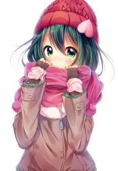 Rule 34 | 1girl, bad id, bad twitter id, black gloves, blush, brown coat, coat, fingerless gloves, gloves, green eyes, green hair, hat, heart, looking at viewer, ntk (7t5), pink scarf, red hat, scarf, serizawa momoka, solo, tokyo 7th sisters, upper body, winter clothes, winter coat, zipper pull tab