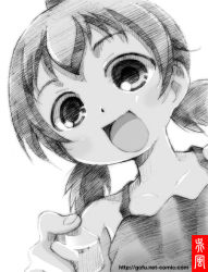 Rule 34 | 1girl, :d, female focus, gofu, greyscale, marui futaba, mitsudomoe, monochrome, open mouth, sketch, smile, solo, spot color, tank top, traditional media, twintails, white background