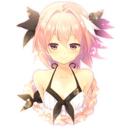 Rule 34 | 1boy, astolfo (fate), bare shoulders, bikini, black ribbon, blush, braid, child, closed mouth, fate/apocrypha, fate (series), frilled bikini, frills, hair between eyes, hair intakes, hair ribbon, half-closed eyes, halterneck, highres, long hair, looking at viewer, male focus, nanohana kohina, official alternate costume, pink hair, purple eyes, ribbon, simple background, single braid, smile, solo, swimsuit, trap, tress ribbon, upper body, white background, white bikini