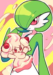 Rule 34 | :d, absurdres, alcremie, alcremie (strawberry sweet), closed mouth, colored skin, commentary request, creatures (company), flipped hair, food, fruit, game freak, gardevoir, gen 3 pokemon, gen 8 pokemon, green hair, hand up, highres, nintendo, open mouth, outline, pokefia, pokemon, pokemon (creature), red eyes, smile, strawberry, white skin