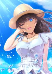 Rule 34 | 1girl, ;d, arm behind back, bad id, bad pixiv id, blue eyes, blue sky, breasts, brown hair, cleavage, cloud, collarbone, day, floating hair, from below, grey shirt, hand in own hair, hat, head tilt, idolmaster, idolmaster cinderella girls, idolmaster cinderella girls starlight stage, jewelry, large breasts, lens flare, long hair, necklace, one eye closed, open mouth, outdoors, sagisawa fumika, shirt, sky, sleeveless, sleeveless shirt, smile, solo, sparkle, sun hat, sunlight, upper body, water, yama tatsuo