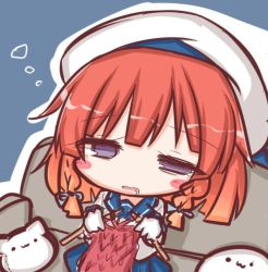 Rule 34 | 1girl, beret, blue sailor collar, blue skirt, blush stickers, brown hair, cat-shaped pillow, commentary request, couch, drooling, dutch angle, etorofu (kancolle), gloves, gradient hair, half-closed eyes, hat, holding, kantai collection, knitting, knitting needle, komakoma (magicaltale), looking at viewer, multicolored hair, needle, on couch, orange hair, parted lips, pillow, pleated skirt, purple eyes, sailor collar, saliva, school uniform, serafuku, shirt, sitting, skirt, sleepy, solo, white gloves, white hat, white shirt