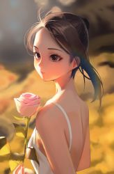 Rule 34 | 1girl, absurdres, back, backless dress, backless outfit, blurry, blurry background, breasts, brown eyes, brown hair, closed mouth, commentary, day, dress, english commentary, expressionless, eyebrows, facing to the side, field, flower, flower field, forehead, from side, highres, holding, holding flower, leaf, looking to the side, medium hair, original, outdoors, photo-referenced, pink flower, pink rose, ponytail, rose, shaded face, shadow, sleeveless, sleeveless dress, small breasts, solo, sundress, sunlight, ugwa, upper body