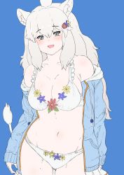 Rule 34 | 1girl, animal ears, arms at sides, bad id, bad twitter id, bare shoulders, bikini, bikini under clothes, blue background, breasts, cardigan, cat girl, cleavage, cowboy shot, drawstring, fang, flower, gluteal fold, grey eyes, grey hair, hair between eyes, hair flower, hair ornament, highres, kemono friends, kemono friends 3, large breasts, lion ears, lion girl, lion tail, long hair, long sleeves, looking at viewer, navel, off shoulder, official alternate costume, open cardigan, open clothes, open mouth, pale skin, simple background, smile, solo, stomach, swimsuit, swimsuit cover-up, tail, very long hair, white lion (kemono friends), yarennoka 98