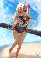 Rule 34 | 1girl, beach, blue eyes, blue sky, blush, breasts, cloud, commentary request, crop top, day, flower, fyuo, hair flower, hair ornament, highres, kantai collection, long hair, looking at viewer, one-piece swimsuit, one-piece tan, open mouth, outdoors, ro-500 (kancolle), sailor collar, school swimsuit, school uniform, serafuku, sky, small breasts, smile, solo, standing, swimsuit, swimsuit under clothes, tan, tanline, torpedo, water drop, wet