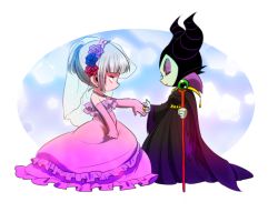 Rule 34 | 1boy, 1girl, aged down, bad id, bad pixiv id, bridal veil, chibi, claude frollo, closed eyes, crossdressing, disney, dress, earrings, elbow gloves, eyeshadow, fake horns, flower, frilled dress, frills, gloves, gown, gradient background, grey hair, hair flower, hair ornament, hetero, holding hands, horned headwear, horns, jewelry, makeup, maleficent, marimo (yousei ranbu), necklace, one man&#039;s dream ii, pearl necklace, pink dress, pink gloves, ring, short hair, short ponytail, sleeping beauty, staff, strapless, strapless dress, the hunchback of notre dame, veil