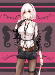 Rule 34 | 1girl, absurdres, alternate costume, azur lane, belt, breasts, buttons, choker, cleavage, collarbone, collared shirt, commentary request, cowboy shot, expressionless, fish, hair between eyes, headband, highres, holding, holding sword, holding weapon, large breasts, leather shorts, leg holster, midriff peek, navel, pantyhose, red eyes, seahorse, shirt, short hair, short shorts, shorts, sirius (azur lane), solo, standing, sword, unique (pixiv12704744), weapon, white hair