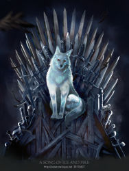 Rule 34 | a song of ice and fire, albino, animal, astarone, copyright name, feathers, game of thrones, ghost (a song of ice and fire), highres, no humans, realistic, red eyes, sitting, solo, sword, throne, watermark, weapon, web address, wolf