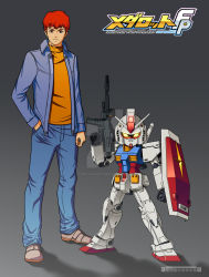 Rule 34 | 1boy, amuro ray, artist name, blue jacket, clenched hand, commentary, denim, english commentary, glowing, glowing eyes, grey background, gun, gundam, hand in pocket, highres, holding, holding gun, holding shield, holding weapon, jacket, jeans, kryuchekov, looking at viewer, male focus, mecha, medarot, mobile suit gundam, orange sweater, pants, red eyes, redesign, robot, rx-78-2, shield, sweater, v-fin, v-shaped eyebrows, watermark, weapon, yellow eyes