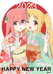 Rule 34 | 2023, 2girls, ;d, aayh, ahoge, blue eyes, bocchi the rock!, braid, commentary request, cube hair ornament, floral print, gotoh hitori, green kimono, hair between eyes, hair ornament, happy new year, ijichi nijika, japanese clothes, kimono, long hair, long sleeves, looking at viewer, multiple girls, new year, obi, one eye closed, one side up, open mouth, pink hair, print kimono, red eyes, sash, short sleeves, side ponytail, signature, smile, very long hair, wide sleeves