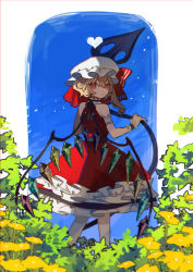 Rule 34 | 1girl, absurdres, adapted costume, armband, blonde hair, blue background, choker, commentary request, crystal, dress, feet out of frame, flandre scarlet, flower, frilled dress, frills, from behind, hat, hat ribbon, heart, highres, holding, holding polearm, holding spear, holding weapon, laevatein, looking at viewer, looking back, mob cap, pantyhose, plant, polearm, red dress, red eyes, red ribbon, ribbon, shi chimi, side ponytail, sleeveless, sleeveless dress, solo, spear, touhou, weapon, white background, white hat, white pantyhose, wings, wrist cuffs