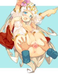 Rule 34 | 1boy, 1girl, anus, bar censor, blue background, blue eyes, blunt bangs, blush, breasts, censored, clitoris, commentary request, detached sleeves, disembodied limb, flower, folded, full body, gypsy (ragnarok online), hair flower, hair ornament, hetero, highres, letterboxed, long hair, long sleeves, md5 mismatch, medium breasts, navel, nipples, open mouth, pants, pink flower, pointless censoring, pointy ears, pussy, ragnarok online, red sleeves, revision, see-through, simple background, solo focus, spread pussy, tiara, transparent censoring, tsudero, very long hair, wavy mouth, white hair, white pants