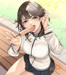 Rule 34 | 1girl, bench, black hair, black skirt, breasts, fellatio, food, fuwafuwatoufu, grey eyes, hair between eyes, hayasui (kancolle), holding, holding food, holding popsicle, jacket, kantai collection, large breasts, long sleeves, looking at viewer, miniskirt, open mouth, oral, park bench, phallic symbol, pleated skirt, popsicle, sexually suggestive, short hair, simulated fellatio, sitting, skirt, solo, track jacket, white jacket