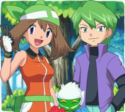 Rule 34 | 00s, 1boy, 1girl, :d, alternate costume, aqua eyes, arm at side, bag, bandana, bare arms, bare shoulders, blue eyes, breasts, brown hair, closed eyes, closed mouth, collared dress, collared shirt, creatures (company), dress, drew (pokemon), fanny pack, forest, game freak, gen 4 pokemon, gloves, green bandanna, green hair, hand in pocket, hand up, happy, hat, long sleeves, looking at viewer, may (pokemon), may (pokemon emerald), medium breasts, nature, neck, nintendo, open mouth, orange dress, orange shirt, outdoors, pokemoa, pokemon, pokemon (anime), pokemon (creature), pokemon dppt (anime), pokemon emerald, pokemon rse, pokemon rse (anime), roserade, shirt, short hair, sleeveless, sleeveless dress, sleeveless shirt, smile, standing, tree, upper body, v