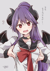 Rule 34 | 1girl, black choker, black sailor collar, black wings, blush, breasts, chikanoko, choker, collarbone, commentary request, curled horns, demon girl, demon horns, demon wings, flying sweatdrops, grey background, hair between eyes, head tilt, heart, high ponytail, highres, horns, long hair, long sleeves, looking at viewer, medium breasts, naito mare, open mouth, pointy ears, ponytail, purple hair, ragho no erika, red eyes, red neckwear, sailor collar, school uniform, serafuku, shirt, sidelocks, signature, solo, tears, translation request, upper body, very long hair, white shirt, wings