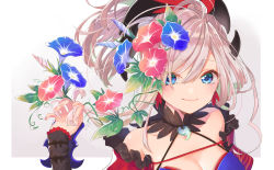 Rule 34 | 1girl, asymmetrical hair, bad id, bad pixiv id, bare shoulders, blue eyes, blue kimono, blush, breasts, cleavage, collarbone, detached sleeves, earrings, fate/grand order, fate (series), flower, flower ornament, gradient background, hair flower, hair ornament, japanese clothes, jewelry, kimitoshiin, kimono, large breasts, light smile, looking at viewer, magatama, miyamoto musashi (fate), miyamoto musashi (third ascension) (fate), pink hair, ponytail, solo