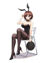 Rule 34 | 1girl, absurdres, animal ears, bare shoulders, black footwear, black leotard, black pantyhose, blue nails, bow, bowtie, breasts, brown hair, chair, cleavage, commentary request, detached collar, fake animal ears, fake tail, fingernails, folding chair, full body, hair ornament, hairclip, high heels, highres, higuchi madoka, holding, holding tray, idolmaster, idolmaster shiny colors, large breasts, leotard, light blush, looking at viewer, mole, mole under eye, nail polish, nanqizizhou, on chair, pantyhose, playboy bunny, purple eyes, rabbit ears, rabbit tail, short hair, simple background, single wrist cuff, sitting, smile, solo, strapless, strapless leotard, tail, thighband pantyhose, tray, white background, white wrist cuffs, wrist cuffs