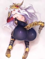 Rule 34 | 10s, 1girl, all fours, anger vein, armor, ass, bare shoulders, bodysuit, elbow gloves, frown, full body, gloves, granblue fantasy, headpiece, helmet, highres, long hair, looking at viewer, looking back, medusa (shingeki no bahamut), pointy ears, red eyes, shadow, shingeki no bahamut, shiny clothes, silver hair, solo, tail, taishi (picchiridou), top-down bottom-up