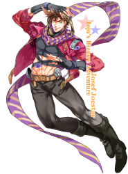 Rule 34 | 1boy, abs, bola (weapon), brown hair, fingerless gloves, gloves, green eyes, hat, highres, idachi, jacket, jojo no kimyou na bouken, joseph joestar, joseph joestar (young), male focus, midriff, one eye closed, red jacket, scarf, solo, striped clothes, striped scarf, wink