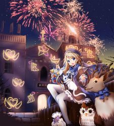 Rule 34 | 1girl, black hat, blonde hair, blue eyes, blue scarf, cat, dress, duji amo, fireworks, hair between eyes, hat, heart, highres, long hair, magi in wanchin basilica, nun, open mouth, outdoors, pantyhose, reindeer, scarf, sky, solo, star (sky), starry sky, tree, usagihime, white pantyhose, xiao ma