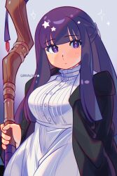 Rule 34 | 1girl, absurdres, black coat, black robe, blunt bangs, breasts, coat, collar, constellor, dress, fern (sousou no frieren), frilled collar, frills, highres, holding, holding staff, large breasts, long hair, long sleeves, mage staff, medium breasts, purple eyes, purple hair, purple pupils, robe, sidelocks, solo, sousou no frieren, staff, straight hair, white dress