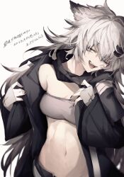 Rule 34 | 1girl, ;d, animal ears, ankoro mochi, arknights, bandeau, black jacket, commentary, grey eyes, grey hair, highres, jacket, lappland (arknights), long sleeves, looking at viewer, midriff, navel, one eye closed, open clothes, open jacket, open mouth, smile, solo, stomach, strapless, translation request, tube top, upper body, wolf ears