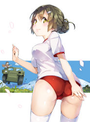 Rule 34 | 10s, 1girl, ass, brown hair, buruma, cameltoe, character request, covered erect nipples, cowboy shot, gym uniform, hair bun, looking at viewer, looking back, no bra, no panties, official art, outbreak company, short hair, short sleeves, single hair bun, smile, solo, thighhighs, vehicle, white thighhighs, yuugen