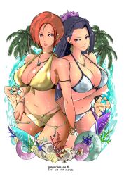 Rule 34 | artist request, bikini, breasts, cleavage, earrings, gold bikini, highres, jewelry, large breasts, long hair, luong, navel, necklace, purple eyes, red hair, silver bikini, snk, source request, swimsuit, the king of fighters, vanessa (kof)
