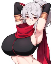 Rule 34 | 1girl, absurdres, armpits, arms up, breasts, bright pupils, commission, dungeon and fighter, grey hair, highres, large breasts, looking at viewer, ninja, ninja (dedett) (dungeon and fighter), original, pixiv commission, pointy ears, ponytail, red eyes, red scarf, rikuguma, scarf, simple background, solo, white background, white pupils