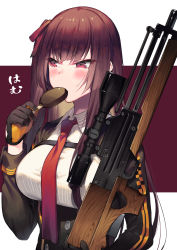 Rule 34 | 1girl, absurdres, black gloves, blush, breasts, brown hair, bullpup, collared shirt, corset, eating, food, girls&#039; frontline, gloves, gun, hair ribbon, highres, holding, holding food, holding gun, holding weapon, ice cream, long sleeves, medium breasts, necktie, one side up, oyk (signx), purple eyes, purple ribbon, red necktie, ribbon, rifle, shirt, sniper rifle, solo, straight hair, translation request, two-tone background, underbust, upper body, v-shaped eyebrows, wa2000 (girls&#039; frontline), walther, walther wa 2000, weapon, white shirt
