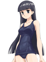 Rule 34 | 1girl, blue one-piece swimsuit, blunt bangs, one-piece swimsuit, school swimsuit, simple background, solo, standing, swimsuit, tagme, takahashi ren, white background