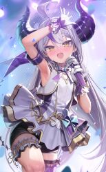 Rule 34 | 1girl, :d, ahoge, arm up, armpits, black horns, blush, braid, fang, gloves, hair between eyes, highres, holding, holding microphone, hololive, hololive idol uniform, horns, kanzarin, la+ darknesss, long hair, looking at viewer, microphone, multicolored hair, official alternate costume, open mouth, purple hair, purple thighhighs, single thighhigh, skin fang, skirt, smile, solo, streaked hair, striped, striped horns, sweat, thigh strap, thighhighs, very long hair, virtual youtuber, white gloves, white skirt, wrist cuffs, yellow eyes