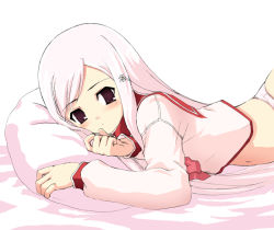 Rule 34 | 00s, bed, bottomless, date (senpen), lucy maria misora, lying, no pants, on stomach, panties, pink hair, pink panties, pink theme, red eyes, school uniform, serafuku, solo, to heart (series), to heart 2, underwear
