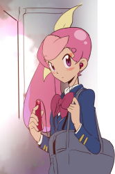 Rule 34 | 10s, 1girl, cellphone, earbuds, earphones, female focus, gradient background, makacoon, otosaki kanon, phone, pink hair, solo, tribe cool crew, uniform, white background