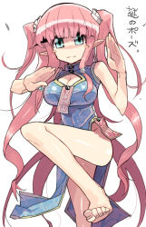 Rule 34 | 1girl, aqua eyes, bad id, bad pixiv id, bare shoulders, barefoot, blue dress, blunt bangs, blush stickers, breasts, china dress, chinese clothes, cleavage, cleavage cutout, clothing cutout, dress, large breasts, leg lift, leg up, long hair, original, osuman toruko, pink hair, pointy ears, solo, standing, standing on one leg, translation request, twintails, very long hair, white background, yin yang