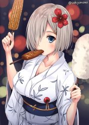 Rule 34 | 10s, 1girl, blue eyes, breasts, commentary request, corn, corn cob, cotton candy, eating, female focus, flower, food, hair flower, hair ornament, hair over one eye, hairclip, hamakaze (kancolle), ikayaki, japanese clothes, kantai collection, kimono, large breasts, looking at viewer, mouth hold, sakiyamama, silver hair, solo, squid, twitter username, yukata