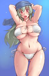 Rule 34 | 1girl, aged up, arms up, bikini, breasts, cleavage, curvy, gluteal fold, large breasts, long hair, navel, open mouth, red eyes, rozen maiden, shiny skin, side-tie bikini bottom, silver hair, solo, suigintou, swimsuit, thighs, towel, towel on head, tsuda nanafushi, white bikini