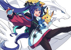 Rule 34 | 1girl, @ @, absurdres, animal ears, aqua hair, bad id, bad pixiv id, black bow, blue eyes, blue hair, bodysuit, bodysuit under clothes, bow, colored inner hair, commentary, cover, cover page, creatures (company), english commentary, fuyukayui, game freak, gen 1 pokemon, gen 5 pokemon, hair bow, hair flaps, heterochromia, highres, holding, holding poke ball, hood, hoodie, horse ears, horse girl, horse tail, legendary pokemon, long hair, mixed-language commentary, multicolored hair, nintendo, pikachu, poke ball, pokemon, purple eyes, reshiram, sharp teeth, striped, striped bow, stuffed animal, stuffed rabbit, stuffed toy, tail, teeth, twin turbo (umamusume), twintails, umamusume, white bow