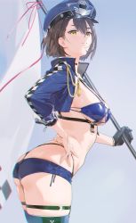 Rule 34 | 1girl, ass, azur lane, baltimore (azur lane), baltimore (finish line flagbearer) (azur lane), bikini, bikini top only, black gloves, blue bikini, blue hat, blue jacket, blue shorts, blue thighhighs, braid, breasts, brown hair, butt crack, choker, chromatic aberration, cropped jacket, duplicate, female focus, flag, from side, gloves, hand on own hip, hat, highres, holding, holding flag, jacket, long sleeves, looking at viewer, looking to the side, midriff, parted lips, race queen, short hair, short shorts, shorts, single glove, smile, solo, standing, swimsuit, thigh strap, thighhighs, thong, upper body, whale tail (clothing), yd (orange maru), yellow eyes