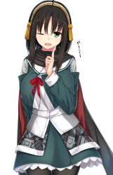 Rule 34 | 1girl, ahoge, black hair, black pantyhose, black scarf, blush, breasts, commentary request, cowboy shot, eyelashes, finger to cheek, frilled skirt, frills, green eyes, green jacket, green skirt, hair between eyes, hair ribbon, hairband, hand up, head tilt, highres, hitachi mako, index finger raised, jacket, large breasts, long sleeves, looking at viewer, miniskirt, one eye closed, open mouth, pantyhose, red ribbon, ribbon, sailor collar, scarf, school uniform, sebire, senren banka, shirt, short hair with long locks, simple background, skirt, smile, solo, standing, straight-on, straight hair, teeth, translated, upper teeth only, white background, white hairband, white sailor collar, white shirt, yellow tassel