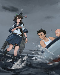 Rule 34 | 1girl, 2boys, absurdres, bad id, bad pixiv id, black hair, blue sailor collar, blue skirt, boat, brown eyes, cloud, cloudy sky, commentary request, dated, depth charge, depth charge projector, gun, highres, holstered, kantai collection, kuragare, loafers, machinery, messy hair, miyuki (kancolle), multiple boys, ocean, pleated skirt, rigging, sailor collar, school uniform, serafuku, shoes, short hair, short sleeves, sidelocks, signature, skirt, sky, smokestack, standing, standing on liquid, thigh strap, torpedo launcher, watercraft, weapon